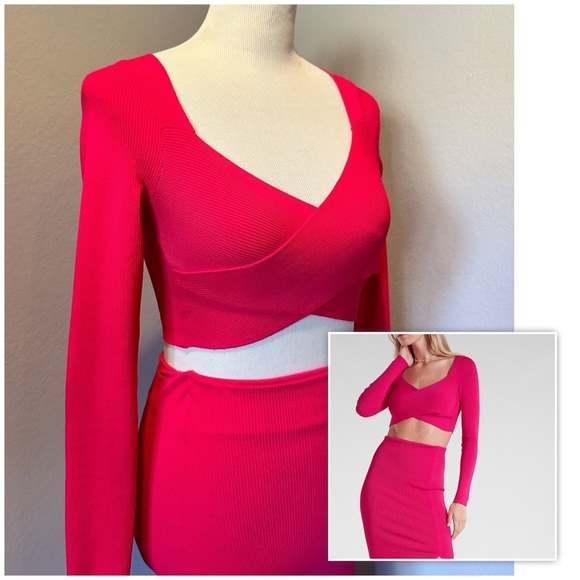 Express Dresses & Skirts - 𝅺NWOT Express Matching Set Crop Top Midi Skirt Women’s Size XS Hot Pink Barbie